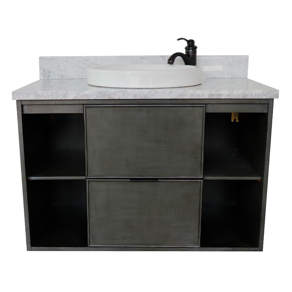Single wall mount vanity in Linen Gray with White Carrara top and rectangle sink. Picture 17