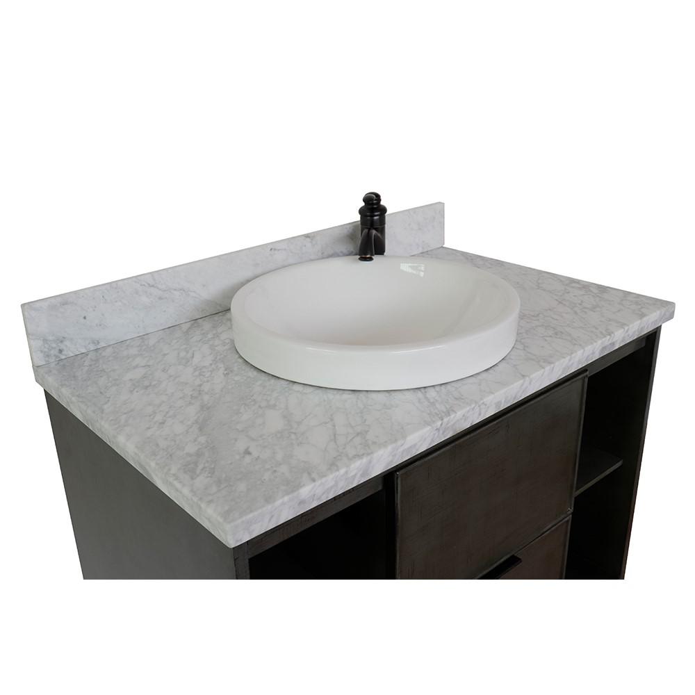Single wall mount vanity in Linen Gray with White Carrara top and rectangle sink. Picture 18