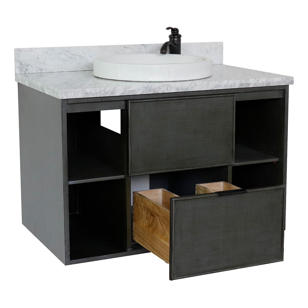 Single wall mount vanity in Linen Gray with White Carrara top and rectangle sink. Picture 19
