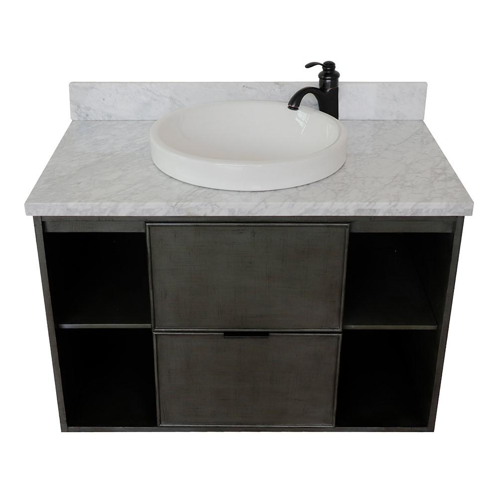 Single wall mount vanity in Linen Gray with White Carrara top and rectangle sink. Picture 21