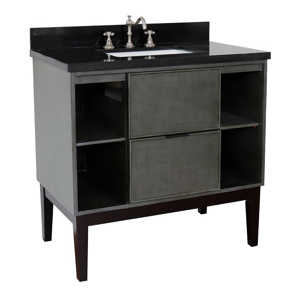 37 Single vanity in Linen Gray finish with Black Galaxy top and rectangle sink. Picture 3