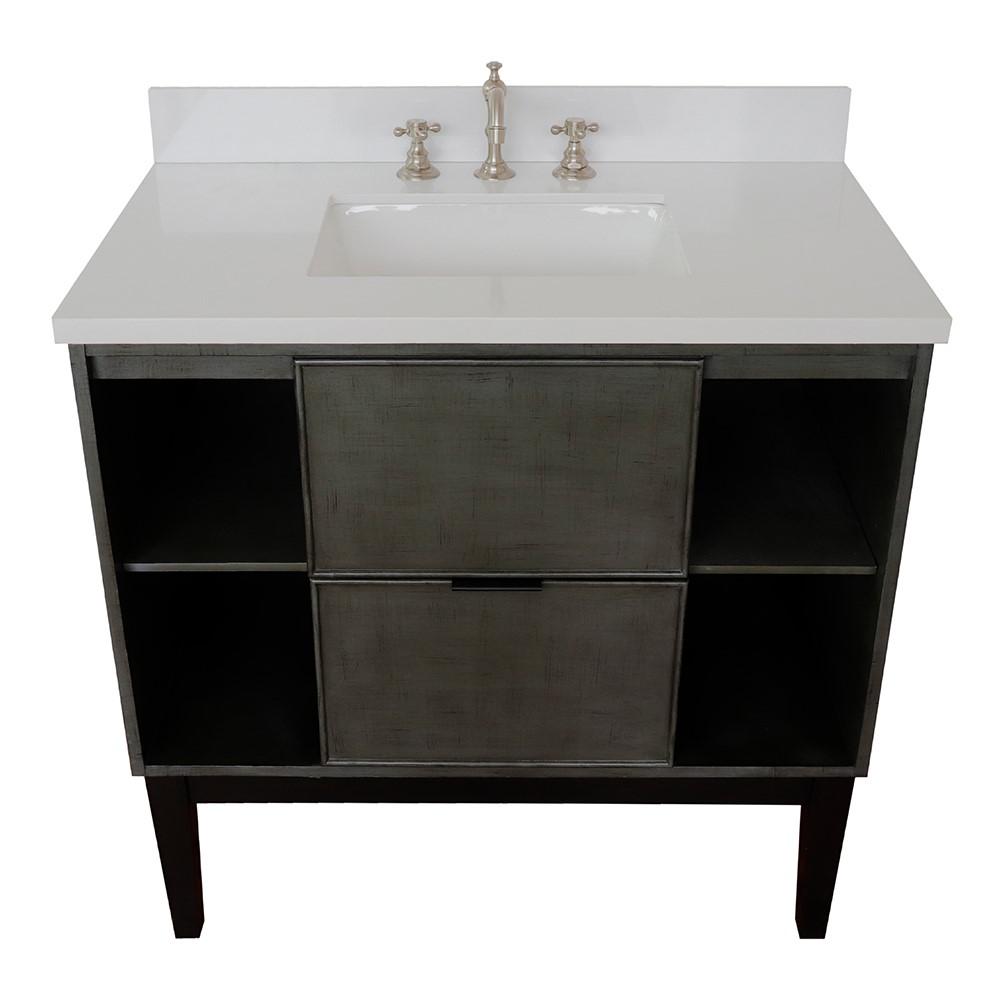 37 Single vanity in Linen Gray finish with White Quartz top and rectangle sink. Picture 10