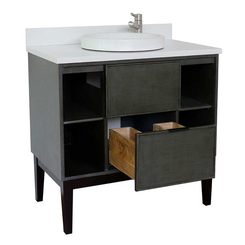 37 Single vanity in Linen Gray finish with White Quartz top and rectangle sink. Picture 19