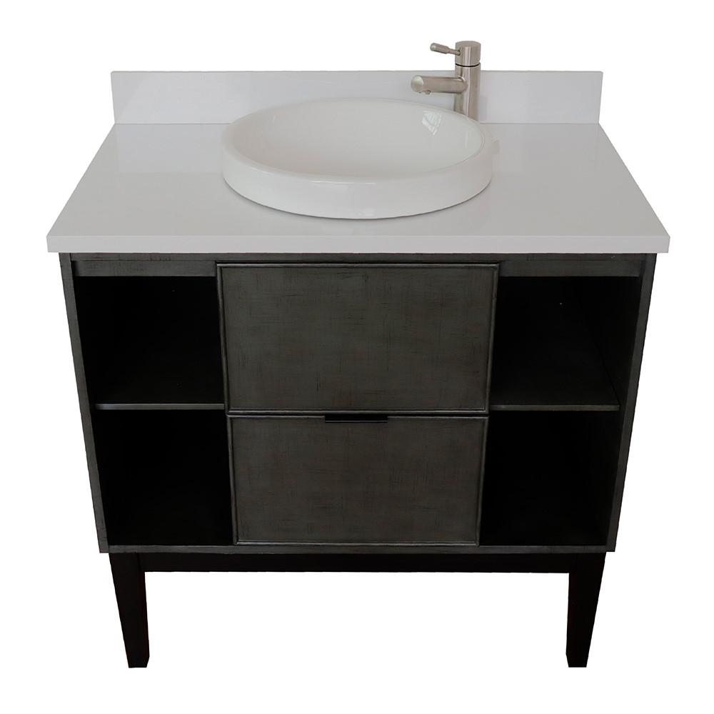 37 Single vanity in Linen Gray finish with White Quartz top and rectangle sink. Picture 21