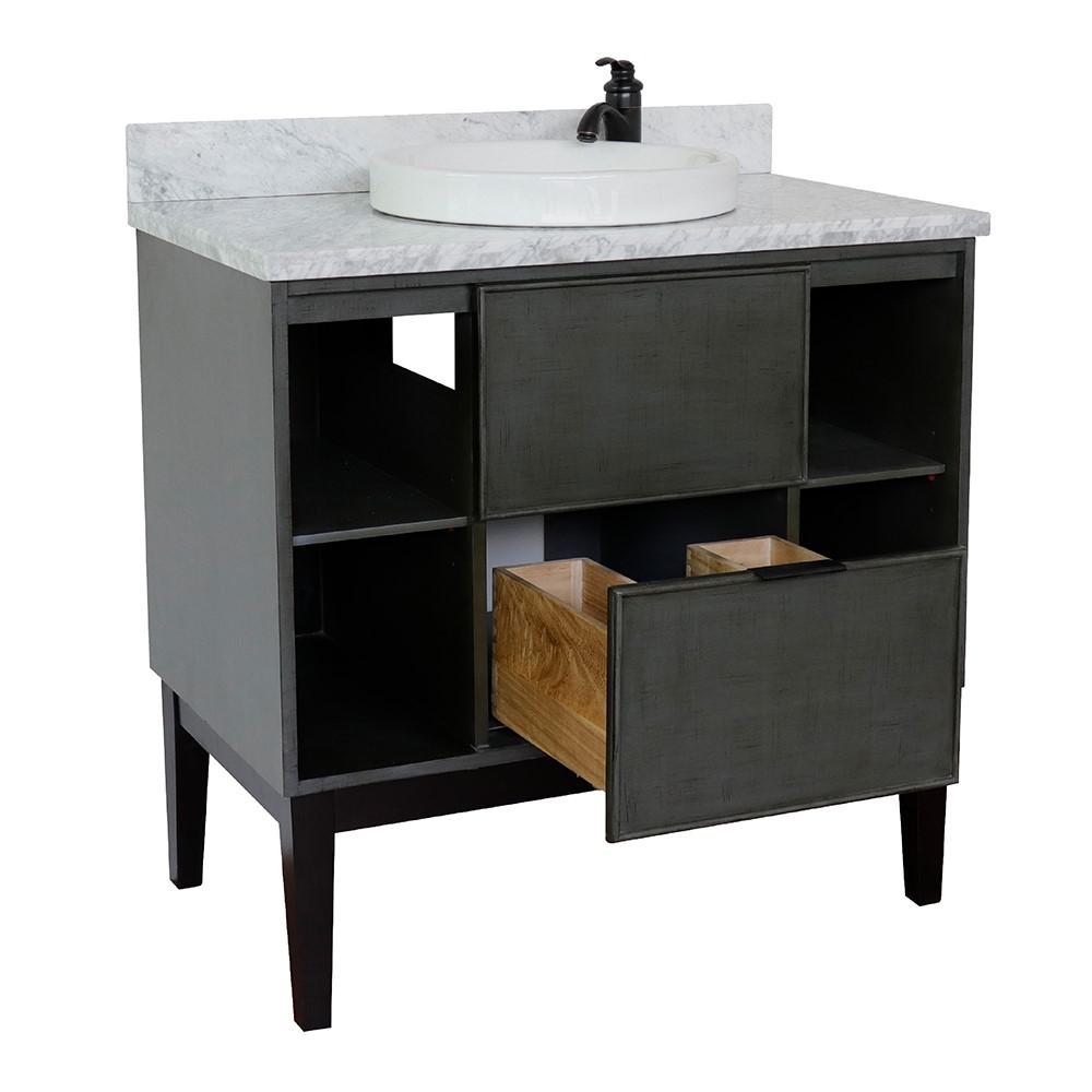 37 Single vanity in Linen Gray finish with White Carrara top and rectangle sink. Picture 19