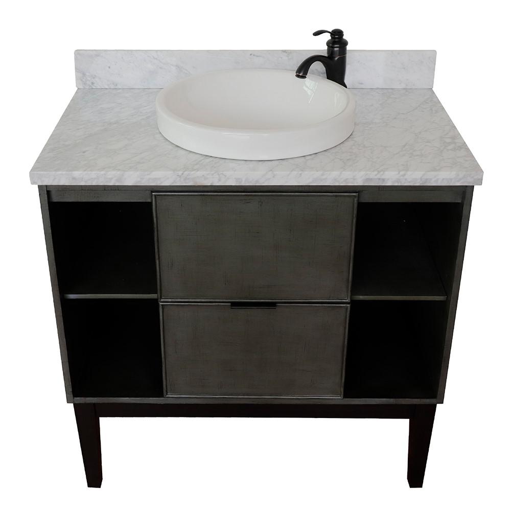 37 Single vanity in Linen Gray finish with White Carrara top and rectangle sink. Picture 21