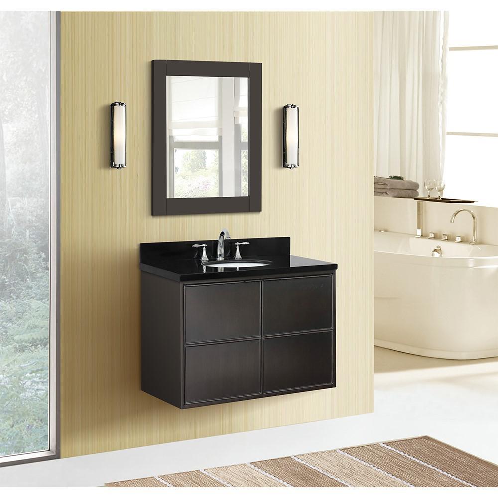 Single wall mount vanity in Cappuccino with Black Galaxy top and oval sink. Picture 2