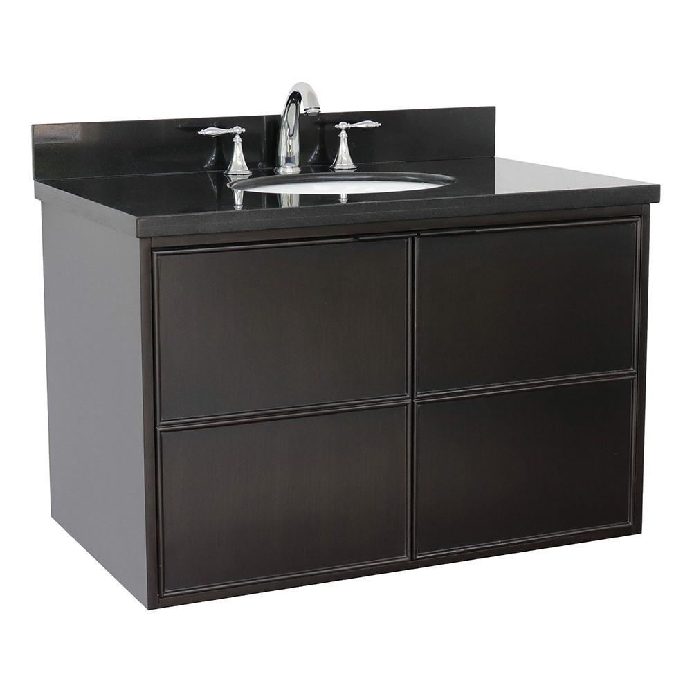 Single wall mount vanity in Cappuccino with Black Galaxy top and oval sink. Picture 1