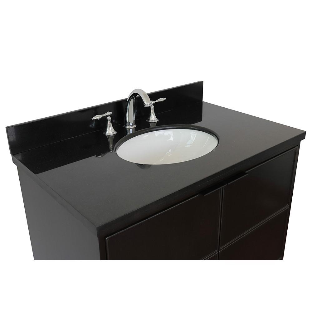 Single wall mount vanity in Cappuccino with Black Galaxy top and oval sink. Picture 4