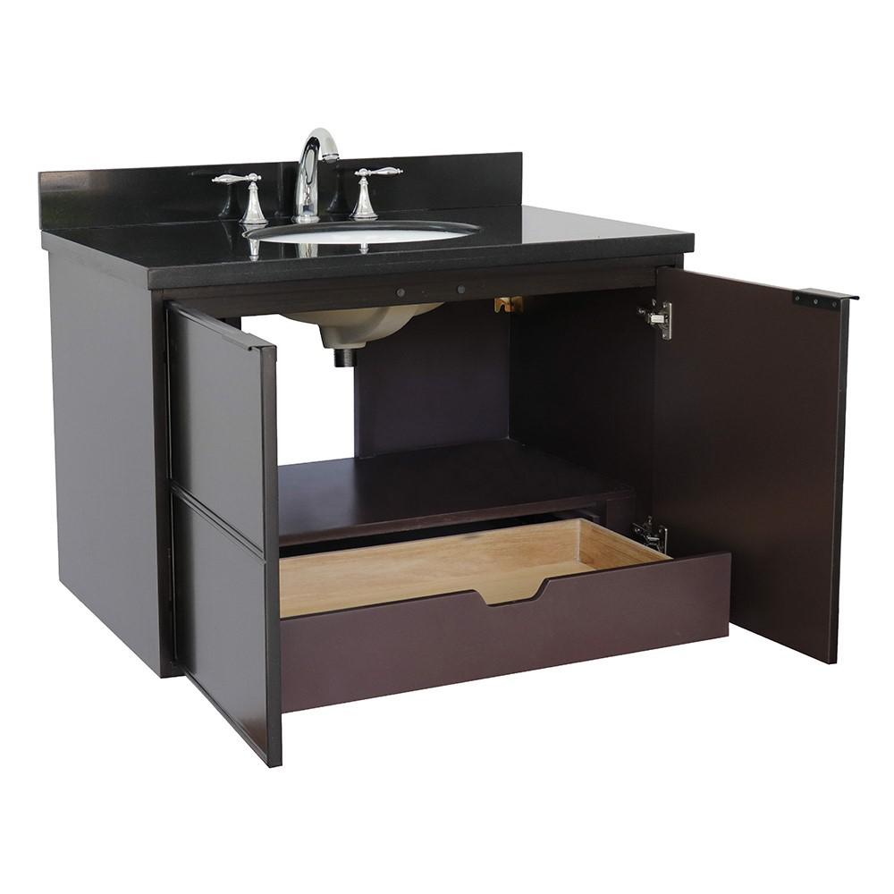 Single wall mount vanity in Cappuccino with Black Galaxy top and oval sink. Picture 5