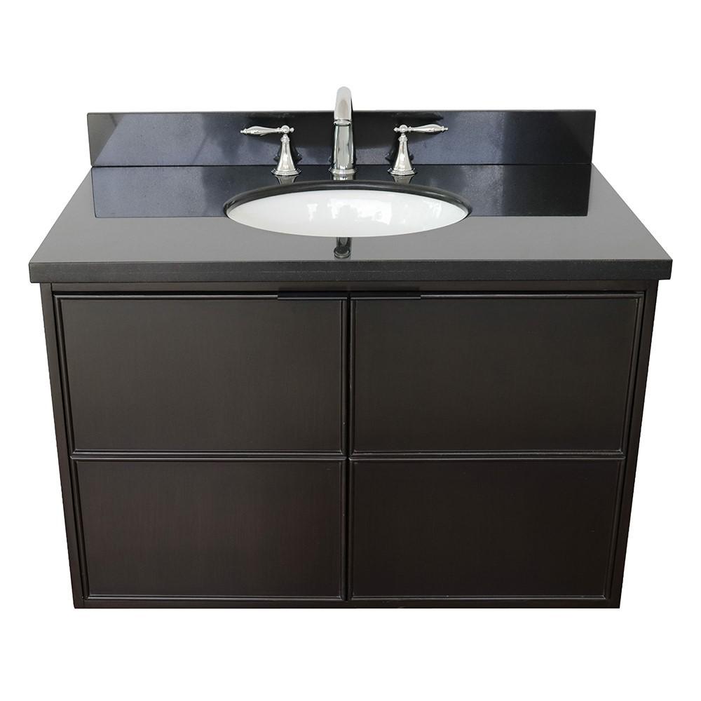 Single wall mount vanity in Cappuccino with Black Galaxy top and oval sink. Picture 7