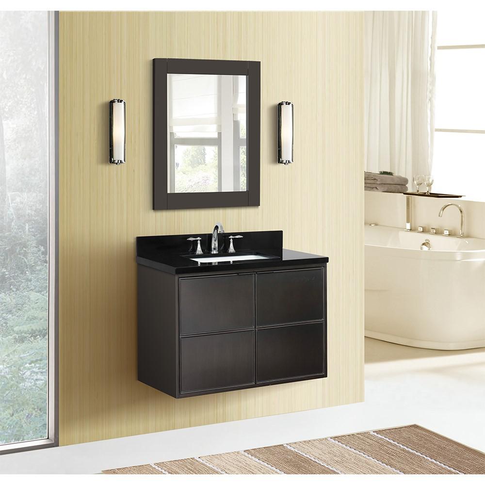 Single wall mount vanity in Cappuccino with Black Galaxy top and rectangle sink. Picture 2