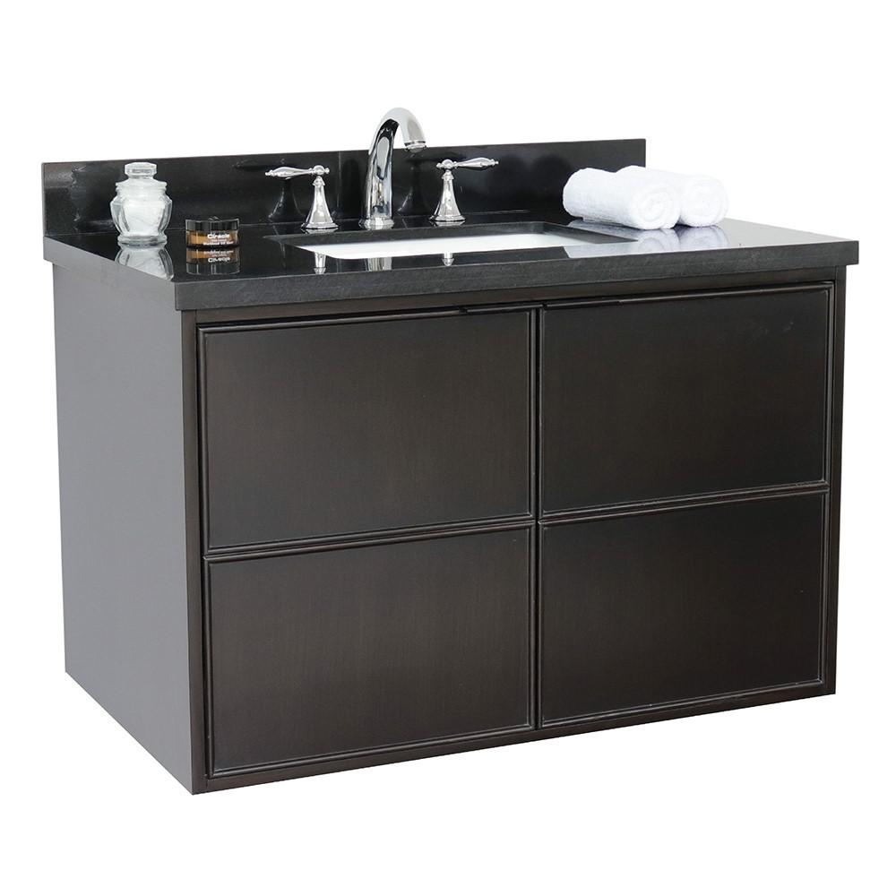 Single wall mount vanity in Cappuccino with Black Galaxy top and rectangle sink. Picture 3
