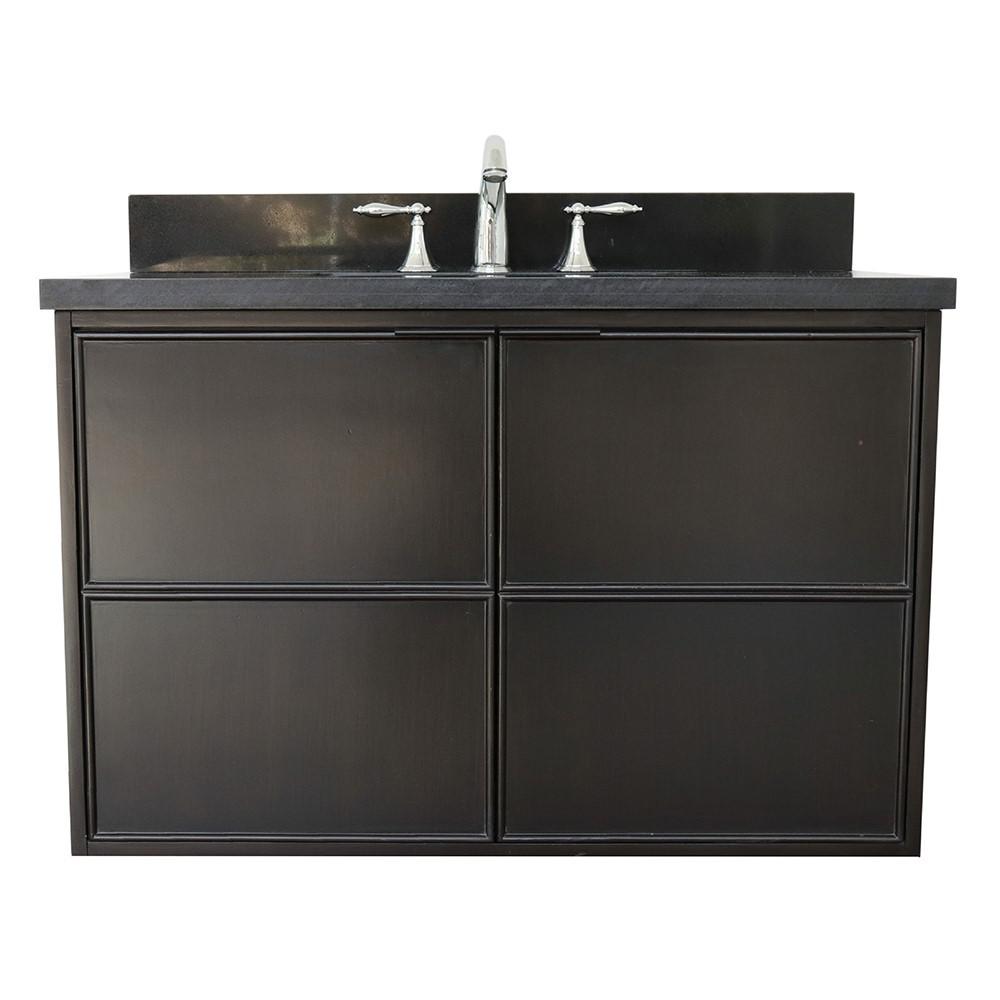 Single wall mount vanity in Cappuccino with Black Galaxy top and rectangle sink. Picture 4