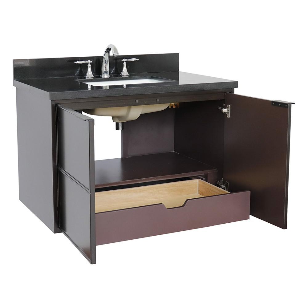 Single wall mount vanity in Cappuccino with Black Galaxy top and rectangle sink. Picture 6