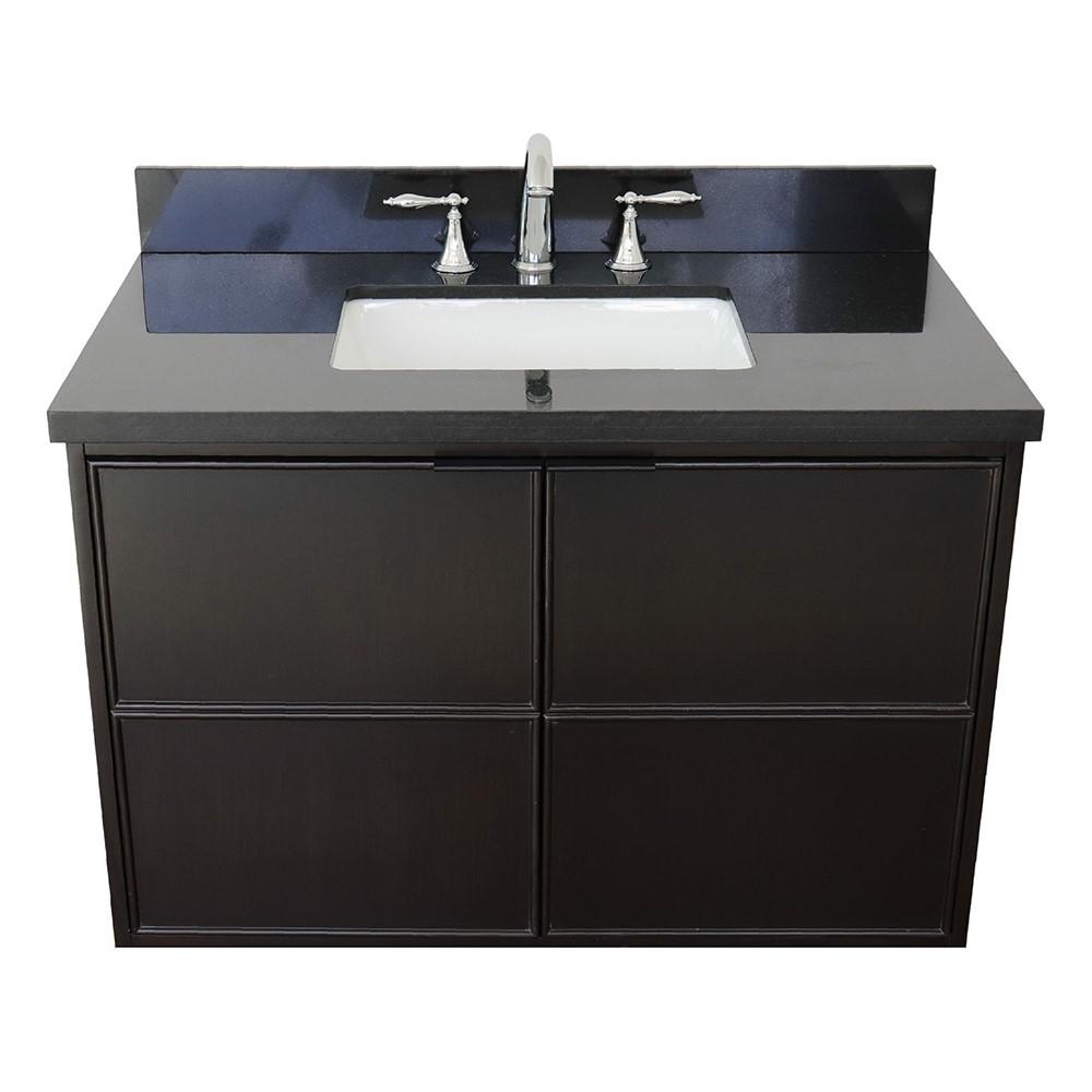 Single wall mount vanity in Cappuccino with Black Galaxy top and rectangle sink. Picture 8