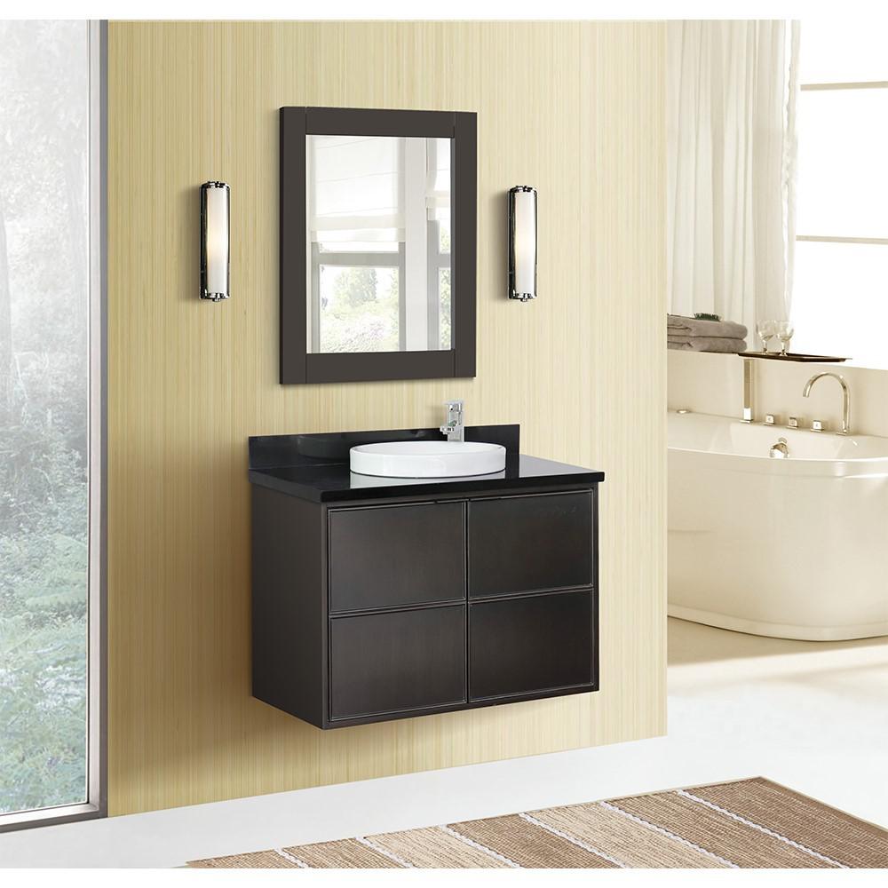 Single wall mount vanity in Cappuccino with Black Galaxy top and rectangle sink. Picture 11
