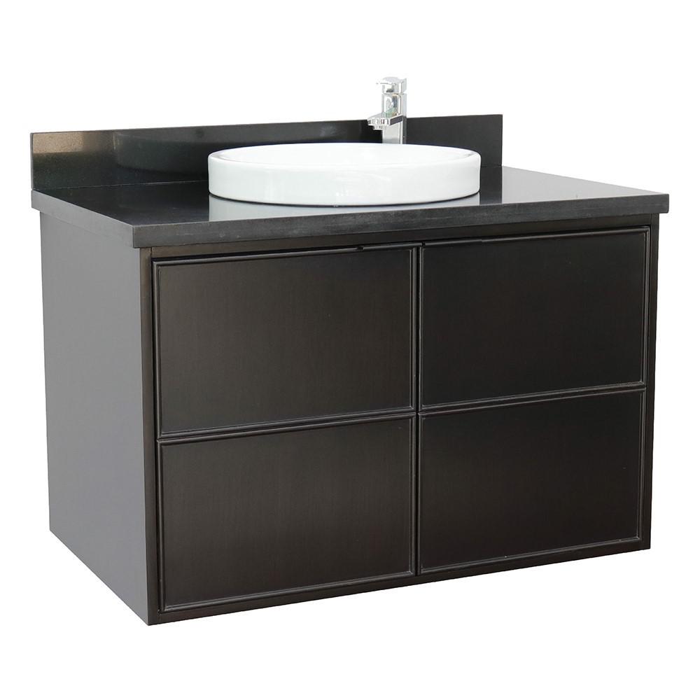 Single wall mount vanity in Cappuccino with Black Galaxy top and rectangle sink. Picture 1