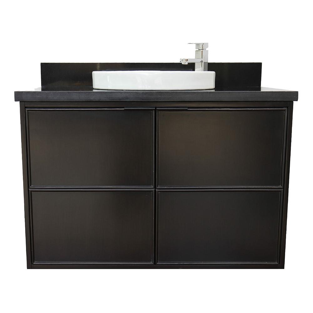 Single wall mount vanity in Cappuccino with Black Galaxy top and rectangle sink. Picture 12