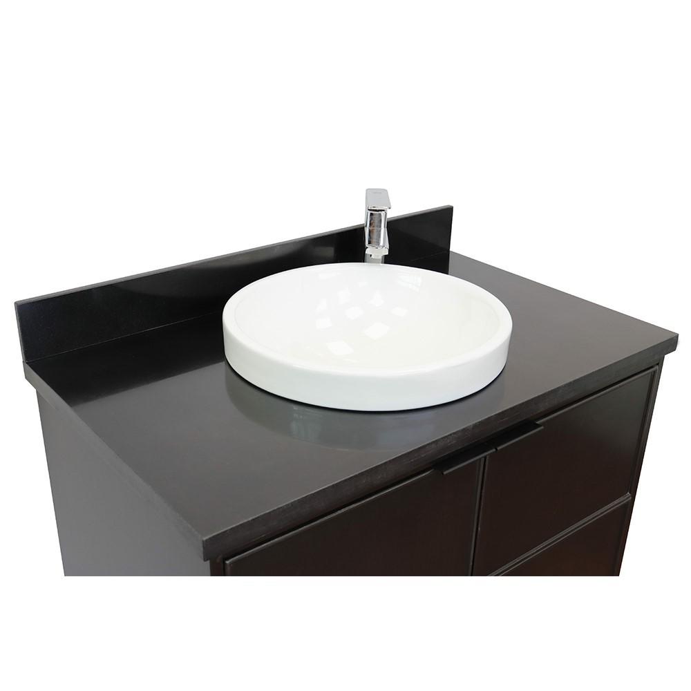 Single wall mount vanity in Cappuccino with Black Galaxy top and rectangle sink. Picture 13