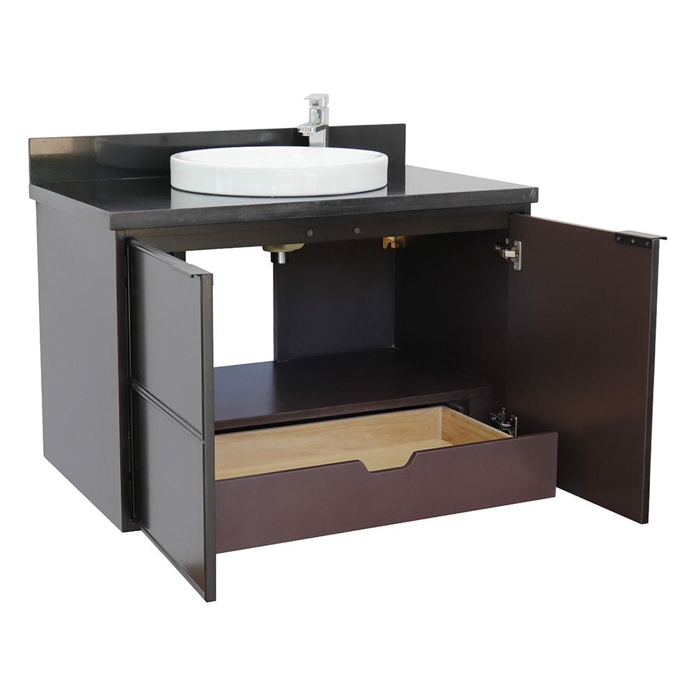 Single wall mount vanity in Cappuccino with Black Galaxy top and rectangle sink. Picture 14