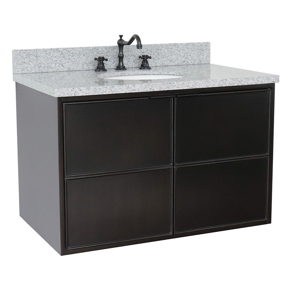 Single wall mount vanity in Cappuccino with Gray granite top and oval sink. Picture 1