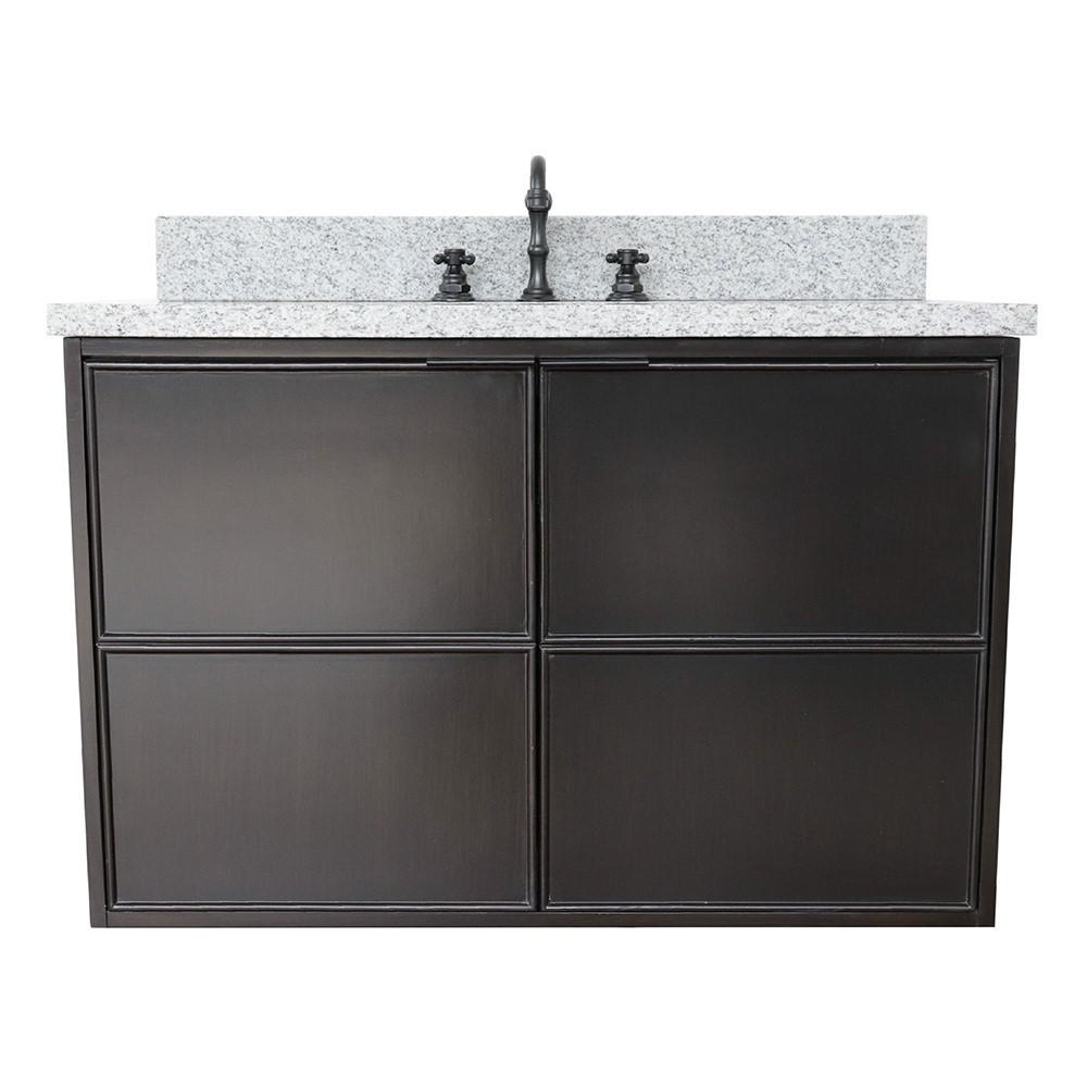 Single wall mount vanity in Cappuccino with Gray granite top and oval sink. Picture 3