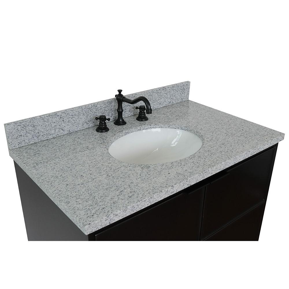 Single wall mount vanity in Cappuccino with Gray granite top and oval sink. Picture 4