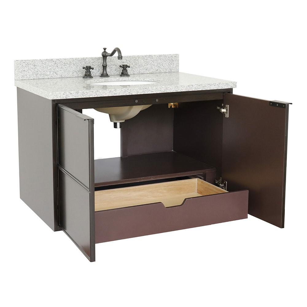 Single wall mount vanity in Cappuccino with Gray granite top and oval sink. Picture 5