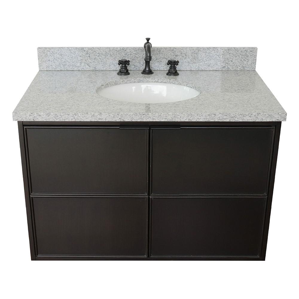 Single wall mount vanity in Cappuccino with Gray granite top and oval sink. Picture 7