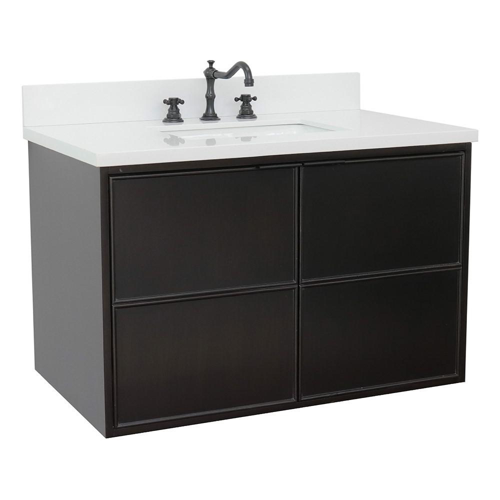 Single wall mount vanity in Cappuccino with White Quartz top and rectangle sink. Picture 3