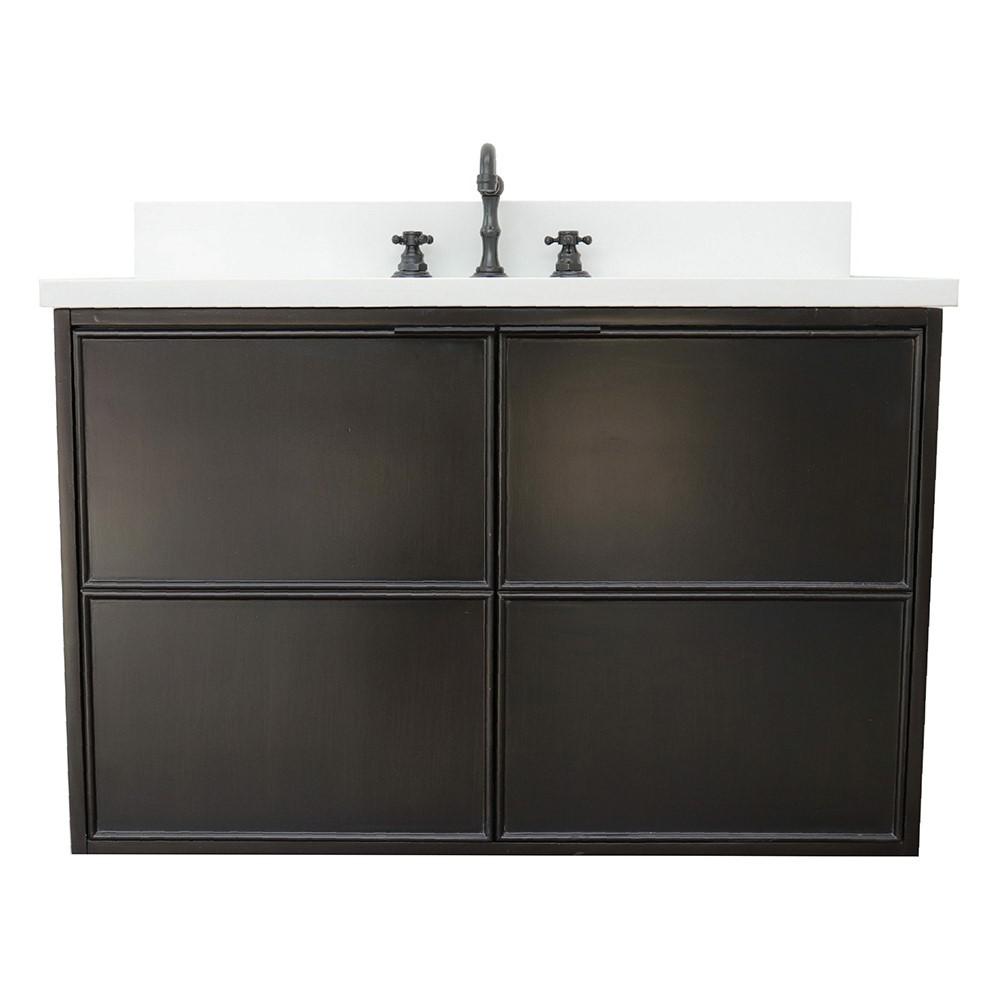 Single wall mount vanity in Cappuccino with White Quartz top and rectangle sink. Picture 4