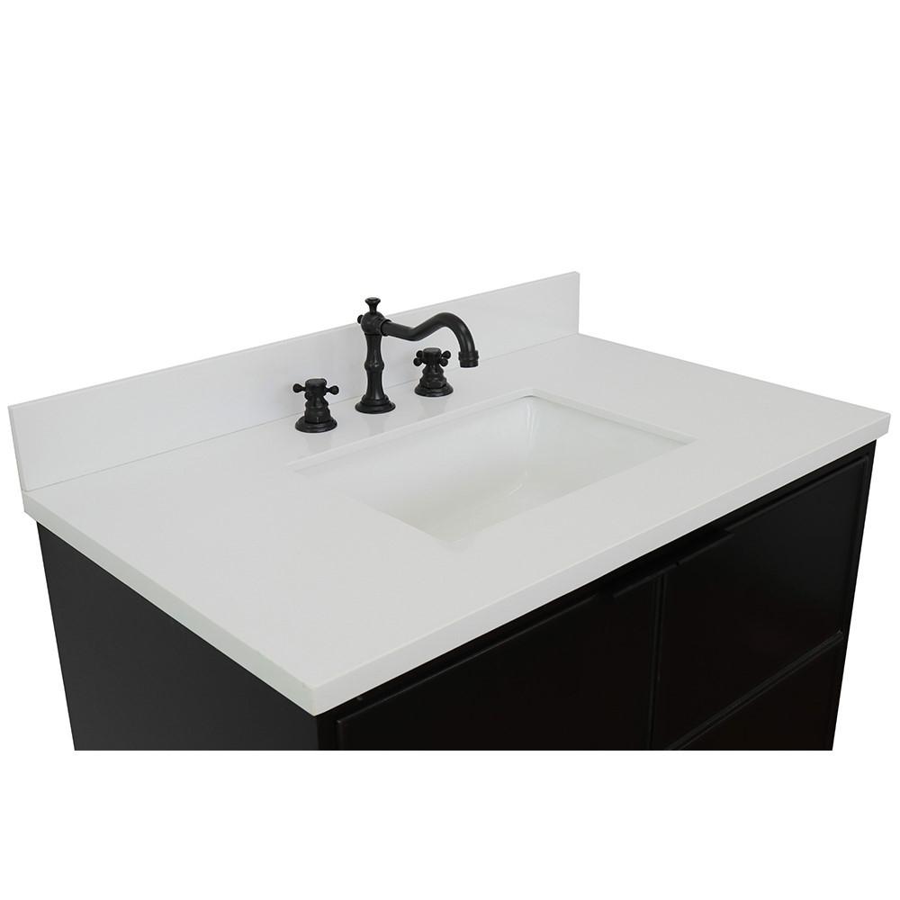 Single wall mount vanity in Cappuccino with White Quartz top and rectangle sink. Picture 5