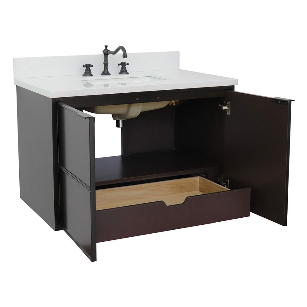 Single wall mount vanity in Cappuccino with White Quartz top and rectangle sink. Picture 6