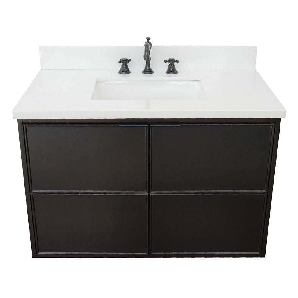 Single wall mount vanity in Cappuccino with White Quartz top and rectangle sink. Picture 8
