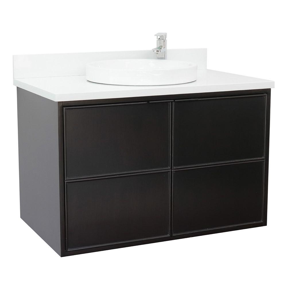 Single wall mount vanity in Cappuccino with White Quartz top and rectangle sink. Picture 1