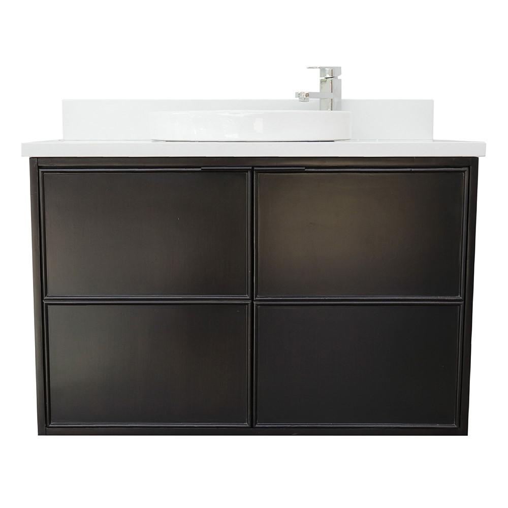Single wall mount vanity in Cappuccino with White Quartz top and rectangle sink. Picture 12