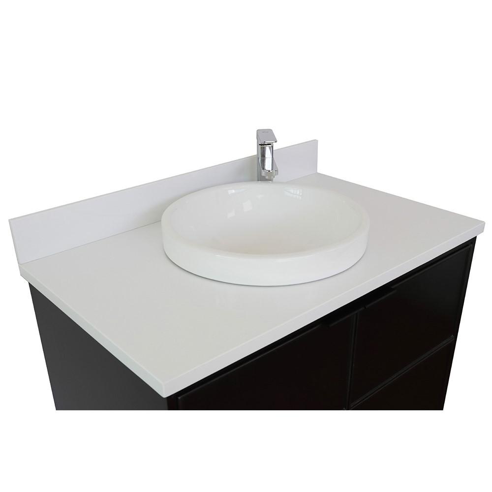 Single wall mount vanity in Cappuccino with White Quartz top and rectangle sink. Picture 13