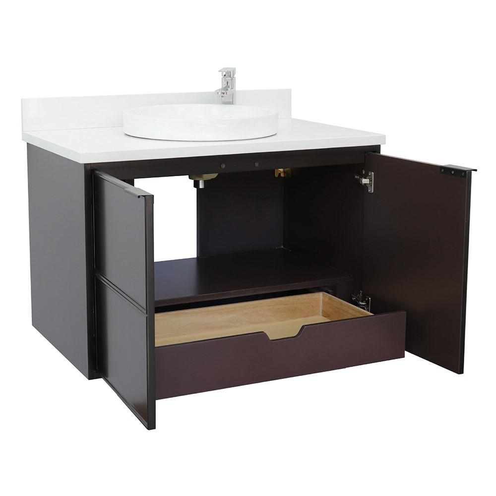 Single wall mount vanity in Cappuccino with White Quartz top and rectangle sink. Picture 14