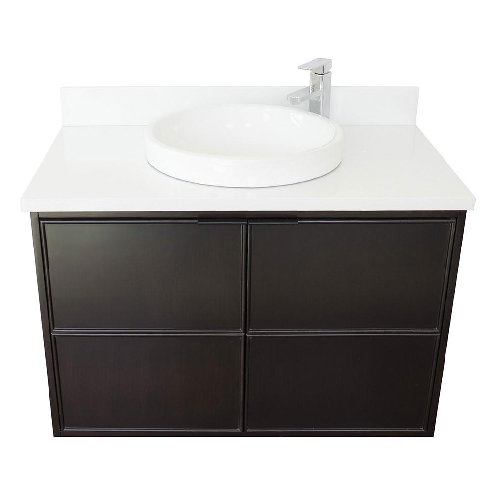 Single wall mount vanity in Cappuccino with White Quartz top and rectangle sink. Picture 16