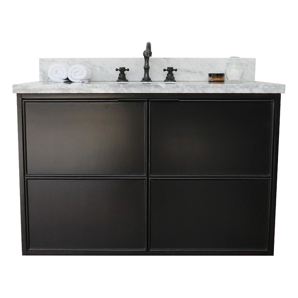 Single wall mount vanity in Cappuccino with White Carrara top and rectangle sink. Picture 4