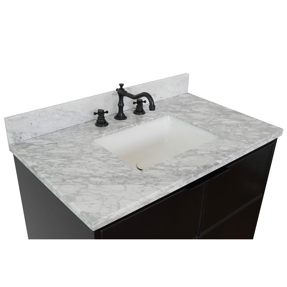 Single wall mount vanity in Cappuccino with White Carrara top and rectangle sink. Picture 5