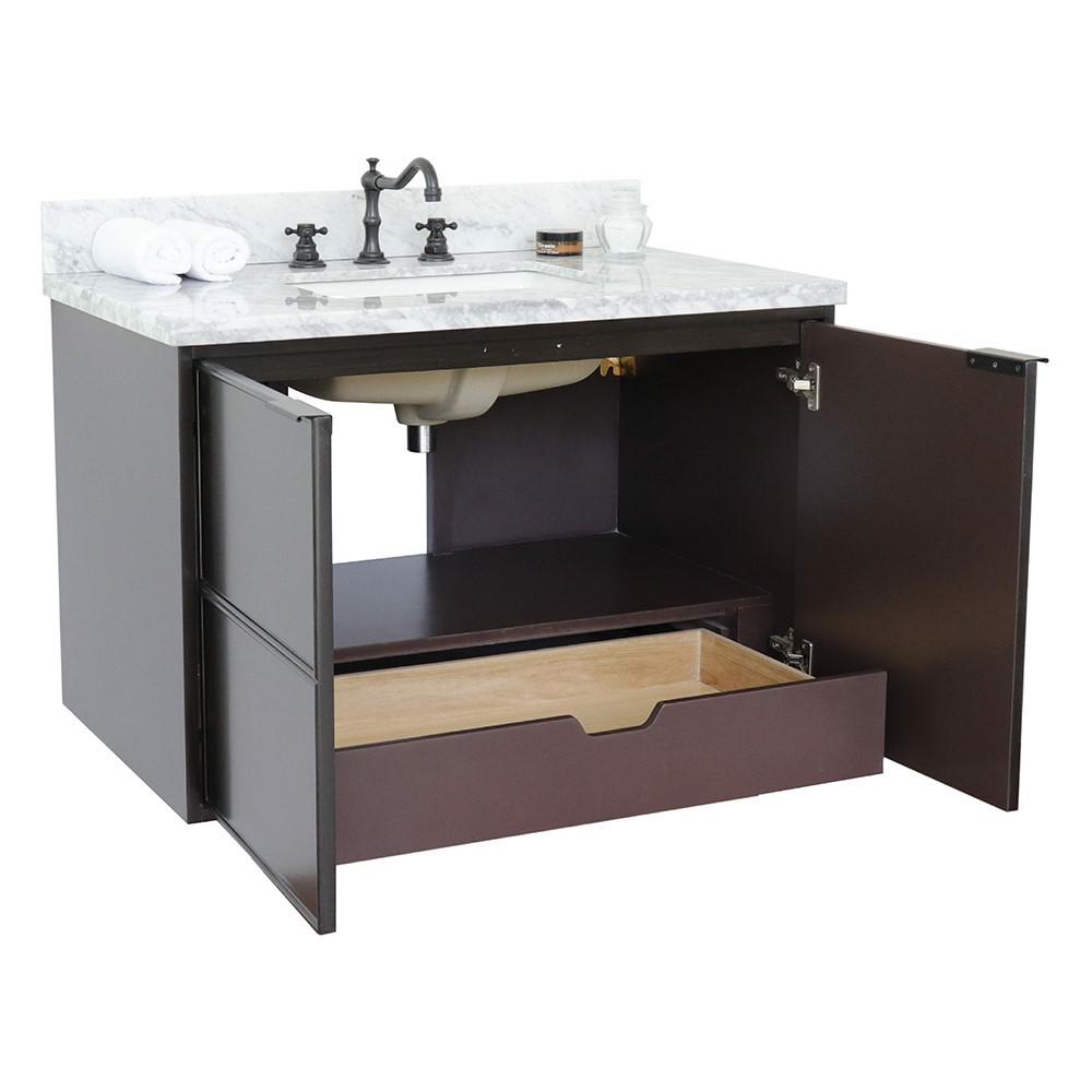 Single wall mount vanity in Cappuccino with White Carrara top and rectangle sink. Picture 6