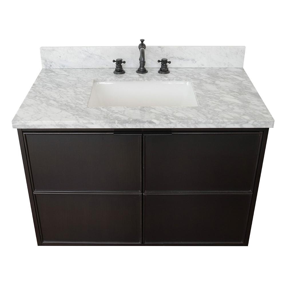 Single wall mount vanity in Cappuccino with White Carrara top and rectangle sink. Picture 8