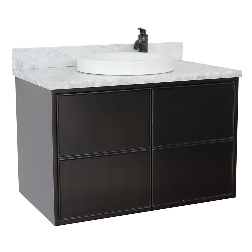 Single wall mount vanity in Cappuccino with White Carrara top and rectangle sink. Picture 1