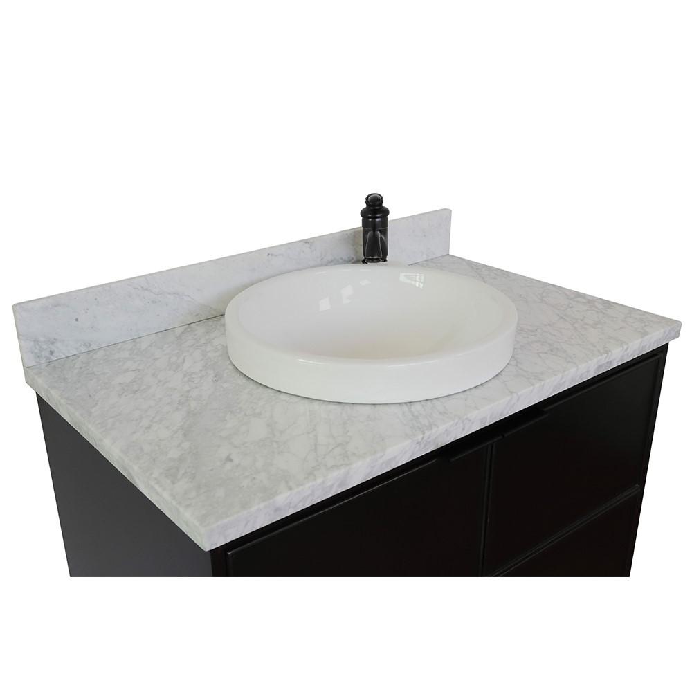 Single wall mount vanity in Cappuccino with White Carrara top and rectangle sink. Picture 13