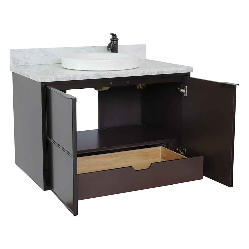 Single wall mount vanity in Cappuccino with White Carrara top and rectangle sink. Picture 14