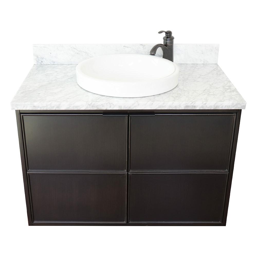 Single wall mount vanity in Cappuccino with White Carrara top and rectangle sink. Picture 16