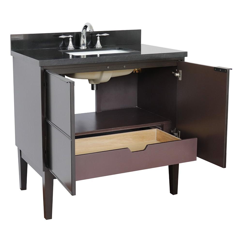 37 Single vanity in Cappuccino finish with Black Galaxy top and rectangle sink. Picture 6