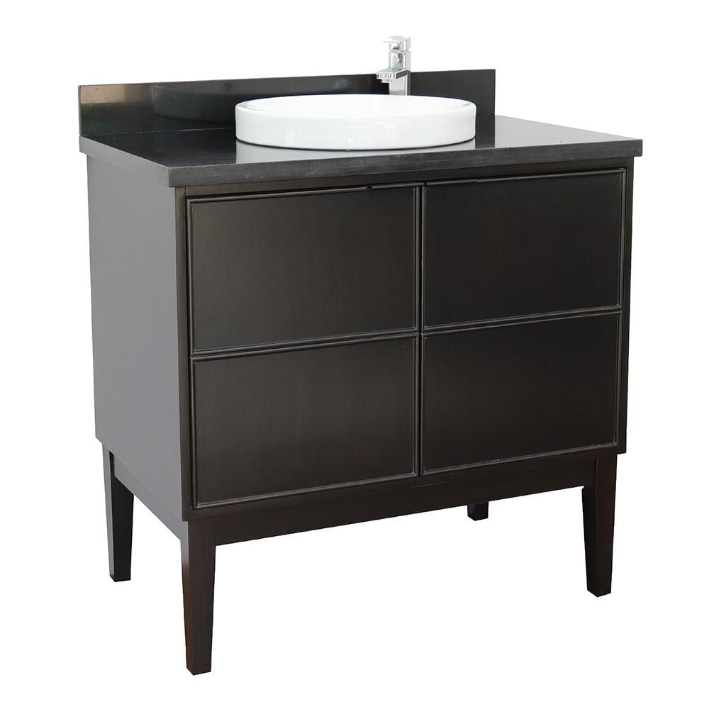 37 Single vanity in Cappuccino finish with Black Galaxy top and rectangle sink. Picture 1